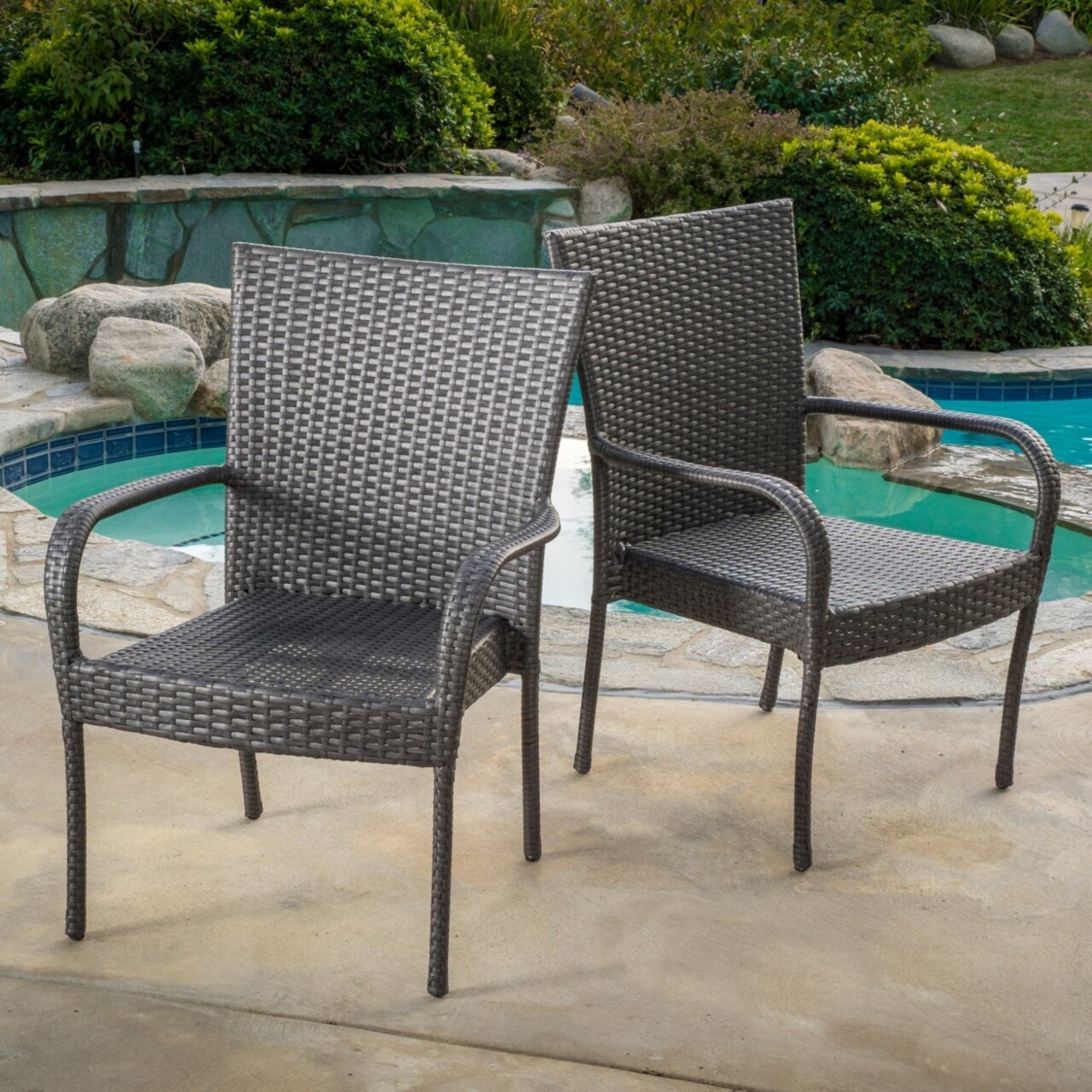 GDF Studio Sultana Outdoor Grey Wicker Stackable Club Chairs (Set of 2)